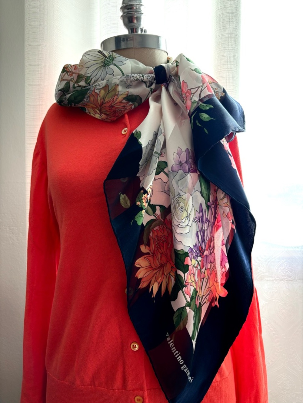 Valentino Garavani Silk Scarf/Foulard, Floral w/Navy Stripes. Box Included